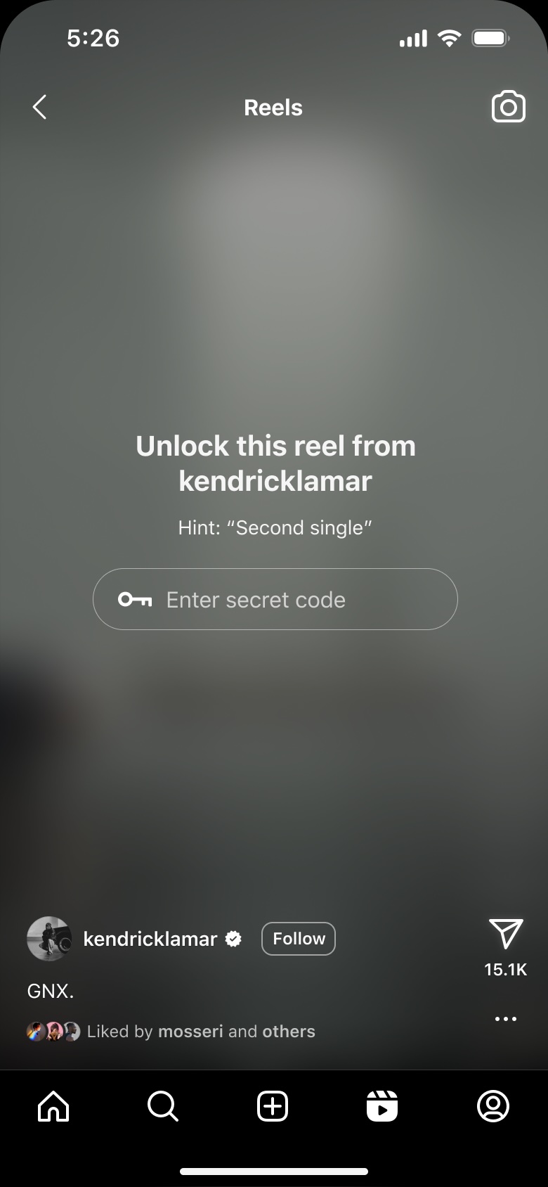 Instagram Reels lock screen reading “Unlock this reel from kendricklamar”, with a hint and a secret-code field.