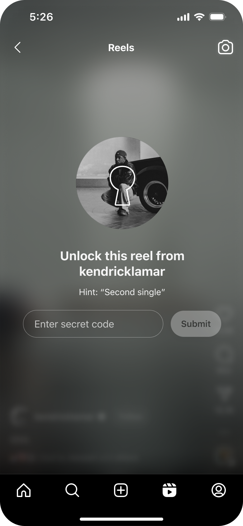 Lock screen exploration — a small outlined keyhole over the creator’s circular profile photo, above the unlock prompt and secret-code field.